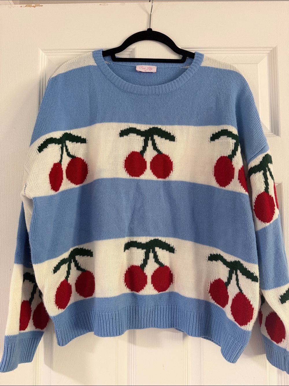 Pink Lily Cherry Stripe Crewneck Sweater - Blue and White